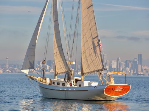 Karl Bischoff’s schooner “Bish” sailing on Seattle’s Puget Sound